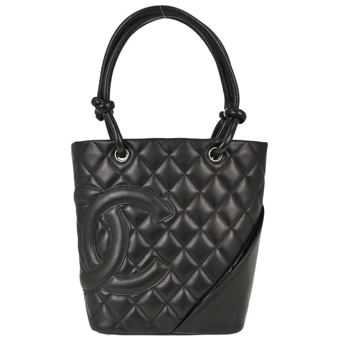 CHANEL Cambon Ligne black calfskin tote handbag: CHANEL Cambon Ligne black calfskin tote handbag Chanel Cambon Ligne tote handbag in black calfskin leather with a quilted logo design and pink canvas lining. This medium tote features double black han