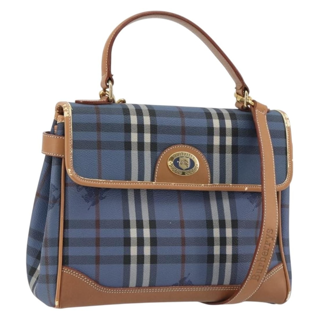 Burberrys Nova Check 2way Blue PVC Leather Handbag with Shoulder Strap: Burberrys Nova Check 2way Blue PVC Leather Handbag with Shoulder Strap Burberrys Nova Check 2-way handbag in blue and gold PVC leather with top handles and a removable shoulder strap. Made in Italy, t