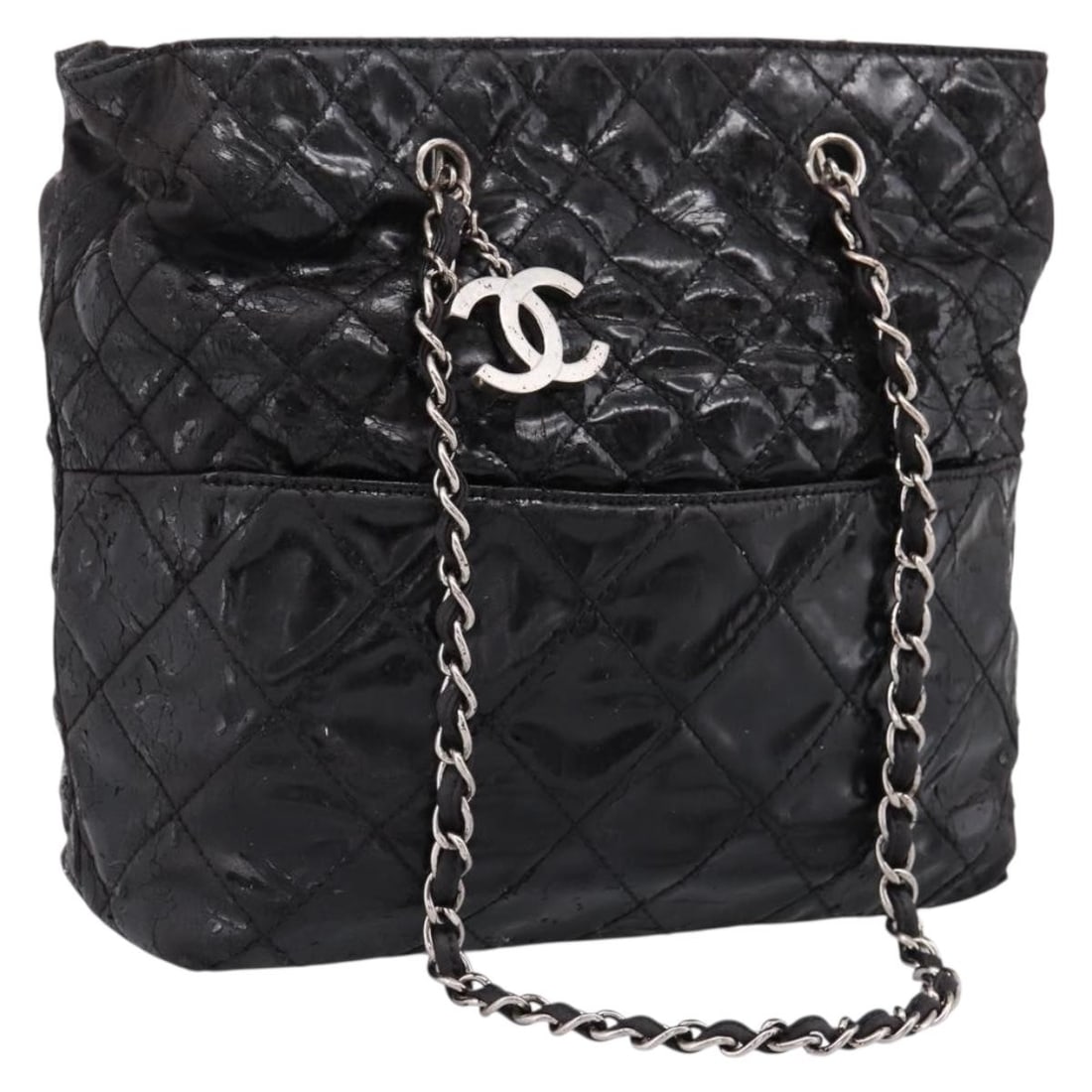 CHANEL Wild Stitch Patent Leather Shoulder Bag Black Silver CC: CHANEL Wild Stitch Patent Leather Shoulder Bag Black Silver CC Chanel Wild Stitch chain shoulder bag in black patent leather with silver-tone CC detailing. Made in Italy, this women's shoulder bag has