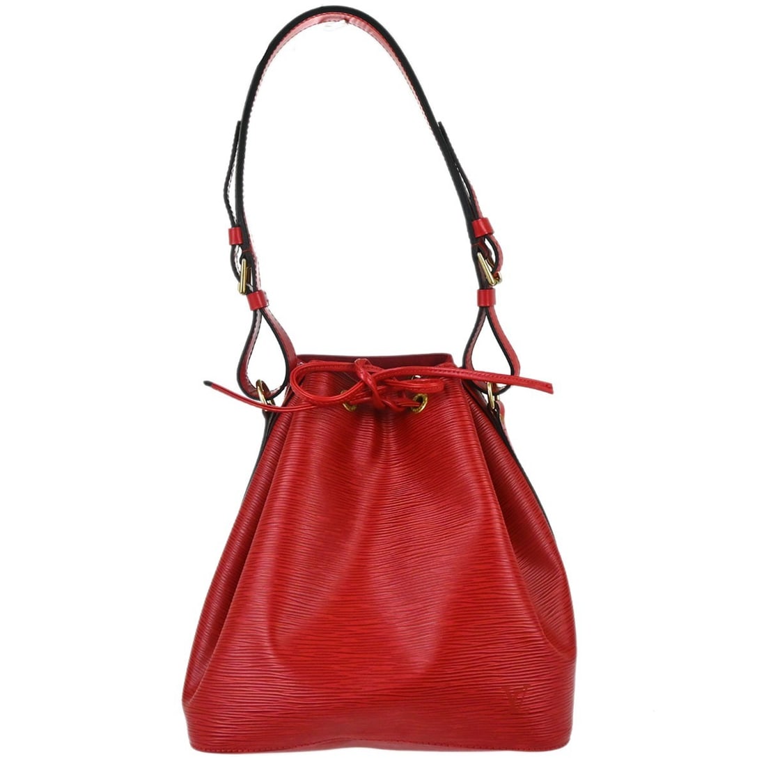Louis Vuitton Petit Noe Red Epi Leather Drawstring Shoulder Bag M44107: Louis Vuitton Petit Noe Red Epi Leather Drawstring Shoulder Bag M44107 Vintage Louis Vuitton Petite Noe shoulder bag in red Epi leather with a drawstring closure and adjustable shoulder strap. The bag