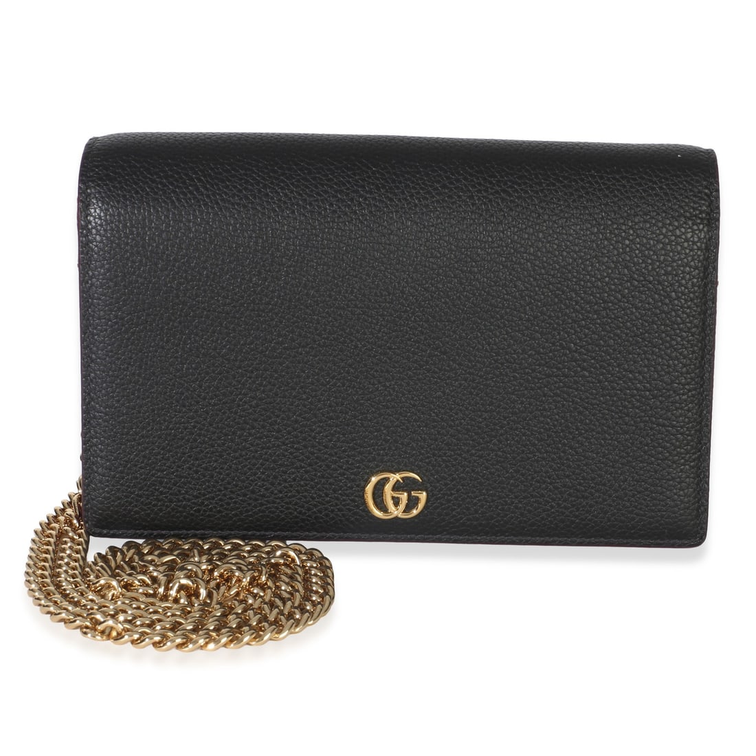 Gucci GG Chain Wallet black leather with red lining: Gucci GG Chain Wallet black leather with red lining Gucci GG Chain Wallet in black leather with a red leather lining and gold-tone hardware. This pre-owned design features a snap closure and includes 
