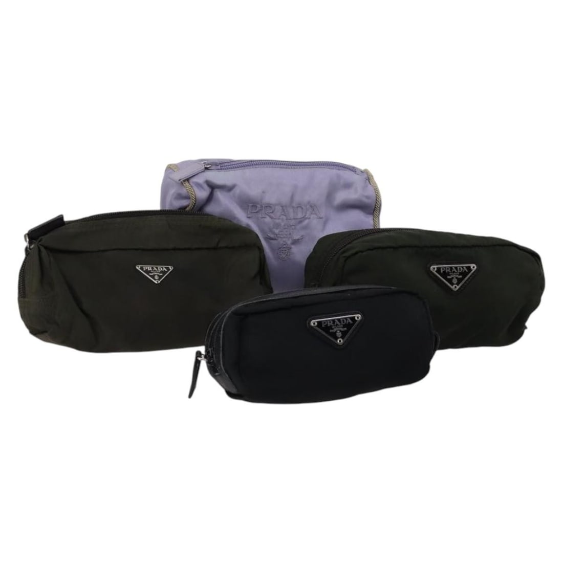 PRADA nylon pouch set of 4 black khaki purple with guarantee card: PRADA nylon pouch set of 4 black khaki purple with guarantee card Set of 4 Prada nylon pouches in black, khaki, and purple. Made in Italy, this women's pouch set includes the guarantee card. Condition