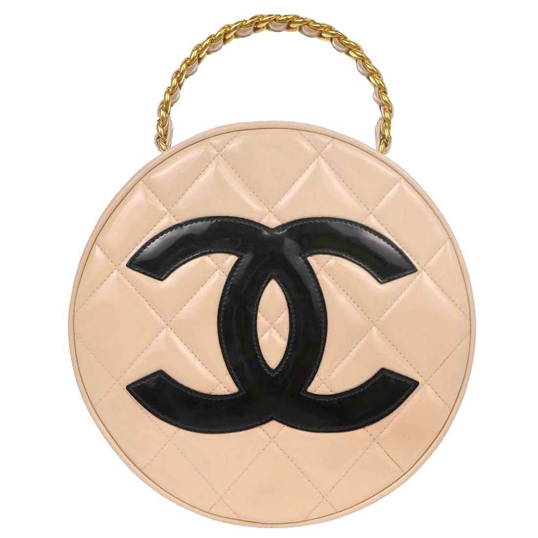 CHANEL Quilted Vanity Bag Beige Patent Leather Round Top Handle: CHANEL Quilted Vanity Bag Beige Patent Leather Round Top Handle Chanel round vanity handbag in beige and black patent leather with a matelasse quilted design, top handle, chain strap, zip closure,
