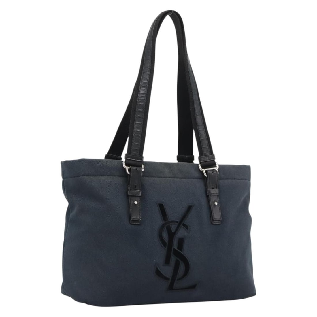 Saint Laurent 135485 Canvas Tote Handbag Black Silver: Saint Laurent 135485 Canvas Tote Handbag Black Silver Saint Laurent Kahala tote bag in black canvas with silver-tone detailing. Made in Italy, this women's tote has a heavily used condition with visib