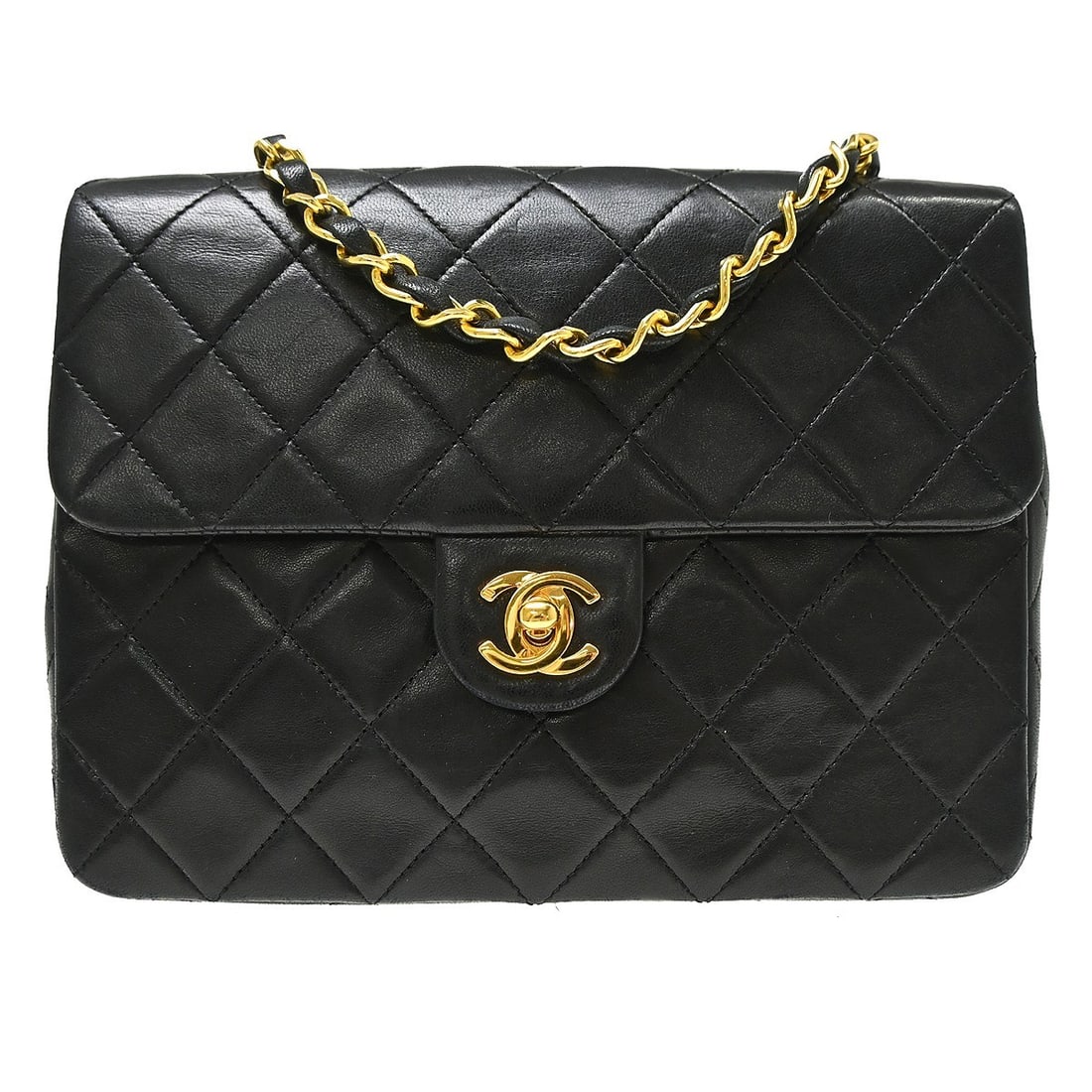 CHANEL Classic Flap square shoulder bag in black lambskin: CHANEL Classic Flap square shoulder bag in black lambskin Chanel Classic Square Flap shoulder bag in black lambskin leather with a matelasse quilted finish and flap turnlock closure. This small should