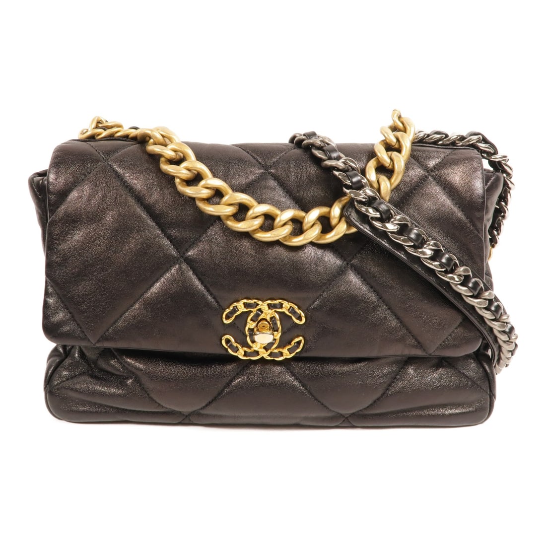 CHANEL Chanel 19 Large 2way Shoulder Bag Black Lambskin: CHANEL Chanel 19 Large 2way Shoulder Bag Black Lambskin Chanel 19 large 2-way shoulder bag in black lambskin leather with CC GHW styling. This women's bag features a turn-lock closure, an exterior mag