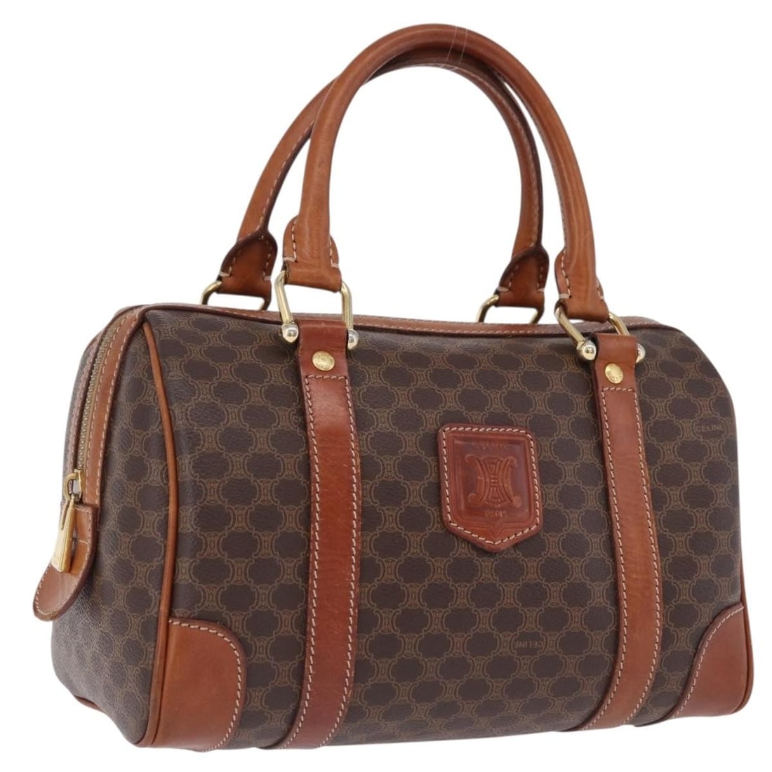CELINE Macadam Brown PVC Leather Handbag Gold Tone Italy: CELINE Macadam Brown PVC Leather Handbag Gold Tone Italy Celine Macadam canvas hand bag in brown and gold with PVC leather trim. Made in Italy. This pre-owned bag includes only the item shown; item bo