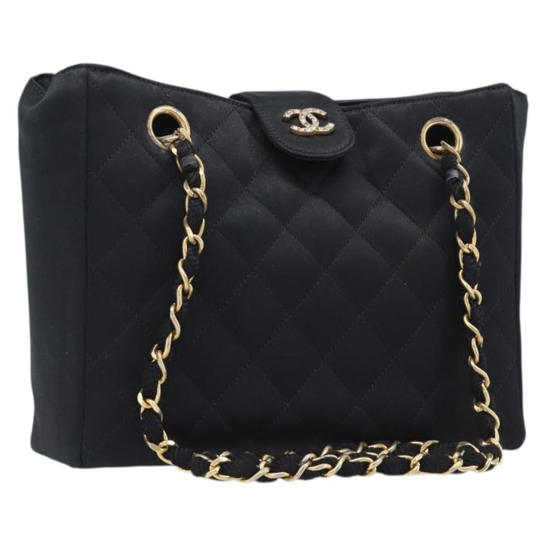 CHANEL CC Satin Shoulder Bag Black with Gold Chain: CHANEL CC Satin Shoulder Bag Black with Gold Chain Chanel Matelasse chain shoulder bag in black satin with gold-tone CC detailing. Made in France, this women's shoulder bag includes the guarantee card