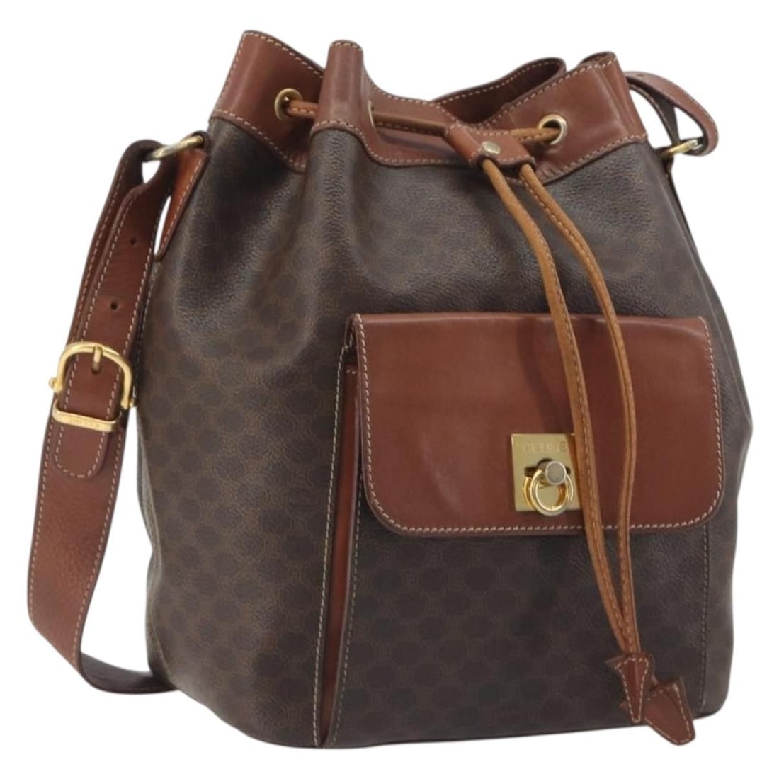 CELINE Macadam PVC Leather Shoulder Bag Brown Gold Tone Italy: CELINE Macadam PVC Leather Shoulder Bag Brown Gold Tone Italy Authentic CELINE Macadam shoulder bag in brown PVC leather and Macadam canvas with gold tone accents. Made in Italy, this women's shoulder