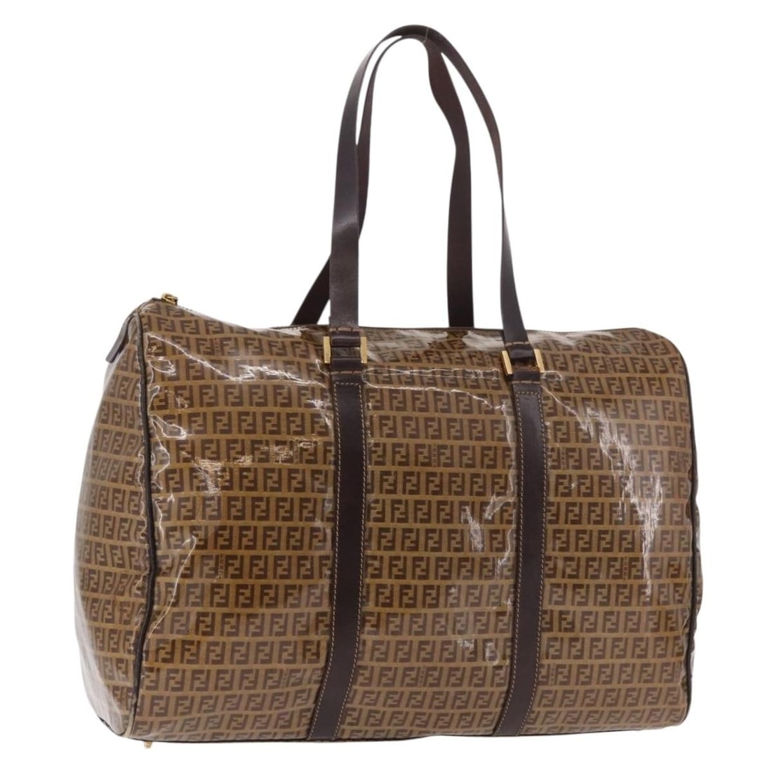 FENDI Boston Bag in Beige Gold Zucchino Coated Canvas: FENDI Boston Bag in Beige Gold Zucchino Coated Canvas Fendi Zucchino Canvas Boston Bag in beige and gold, made in Italy from coated canvas with Zucchino canvas detailing. This women's Boston bag measu