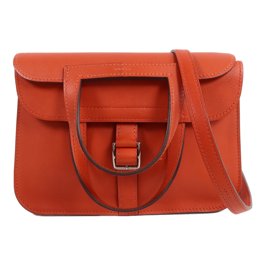 Hermes Mini Halzan Swift Leather 2 Way Bag Rouge Tomate PHW: Hermes Mini Halzan Swift Leather 2 Way Bag Rouge Tomate PHW Hermes Mini Halzan 2-way shoulder bag in Rouge Tomate Swift leather with palladium-tone hardware. This women's bag features a structured com