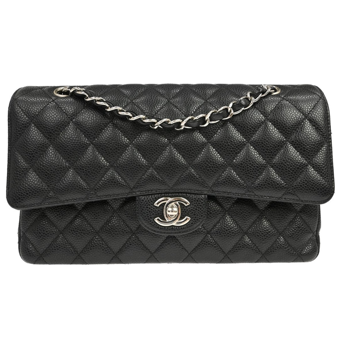 CHANEL Classic Double Flap Small Shoulder Bag Black Caviar Skin: CHANEL Classic Double Flap Small Shoulder Bag Black Caviar Skin Chanel Small Classic Double Flap shoulder bag in black caviar skin with matelasse quilting and a flap turnlock closure. This women's sho