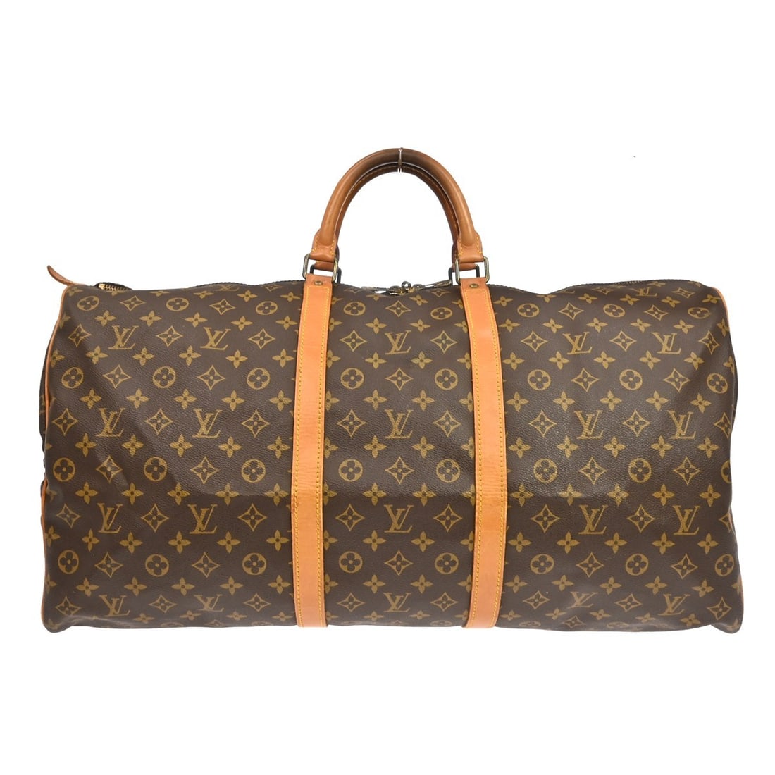 Louis Vuitton Keepall 60 Monogram Duffle Bag M41422 France: Louis Vuitton Keepall 60 Monogram Duffle Bag M41422 France Vintage Louis Vuitton Keepall 60 travel handbag in brown Monogram canvas with leather trim and double handles. This extra-large duffle-style 