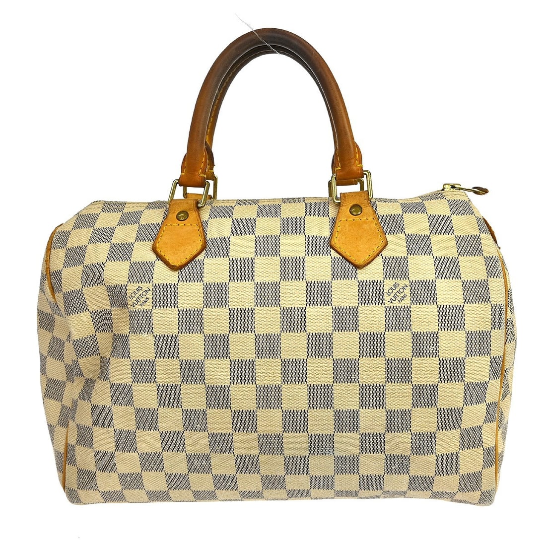 Louis Vuitton Speedy 30 Damier Azur handbag N41533: Louis Vuitton Speedy 30 Damier Azur handbag N41533 Vintage Louis Vuitton Speedy 30 handbag in Damier Azur canvas with leather trim and double handles. This women's duffle-style bag features a zip clos