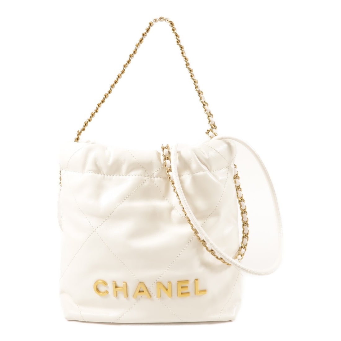 CHANEL C22 Mini 2way Shoulder Bag White Lambskin CC GHW: CHANEL C22 Mini 2way Shoulder Bag White Lambskin CC GHW A CHANEL C22 Mini 2way shoulder bag in white lambskin (sheep leather). It features gold-tone hardware and is listed in very good AB condition. T