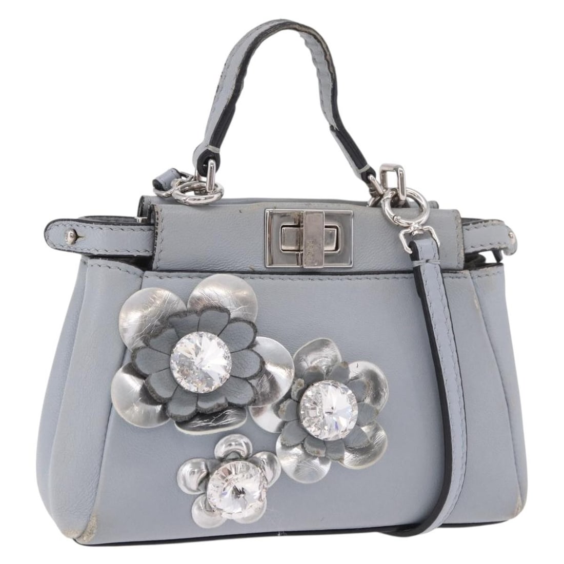FENDI Light Blue Silver Leather Shoulder Bag with Strap: FENDI Light Blue Silver Leather Shoulder Bag with Strap This FENDI shoulder bag is crafted from leather in a light blue and silver color combination. Designed for versatile use, it features both a sho
