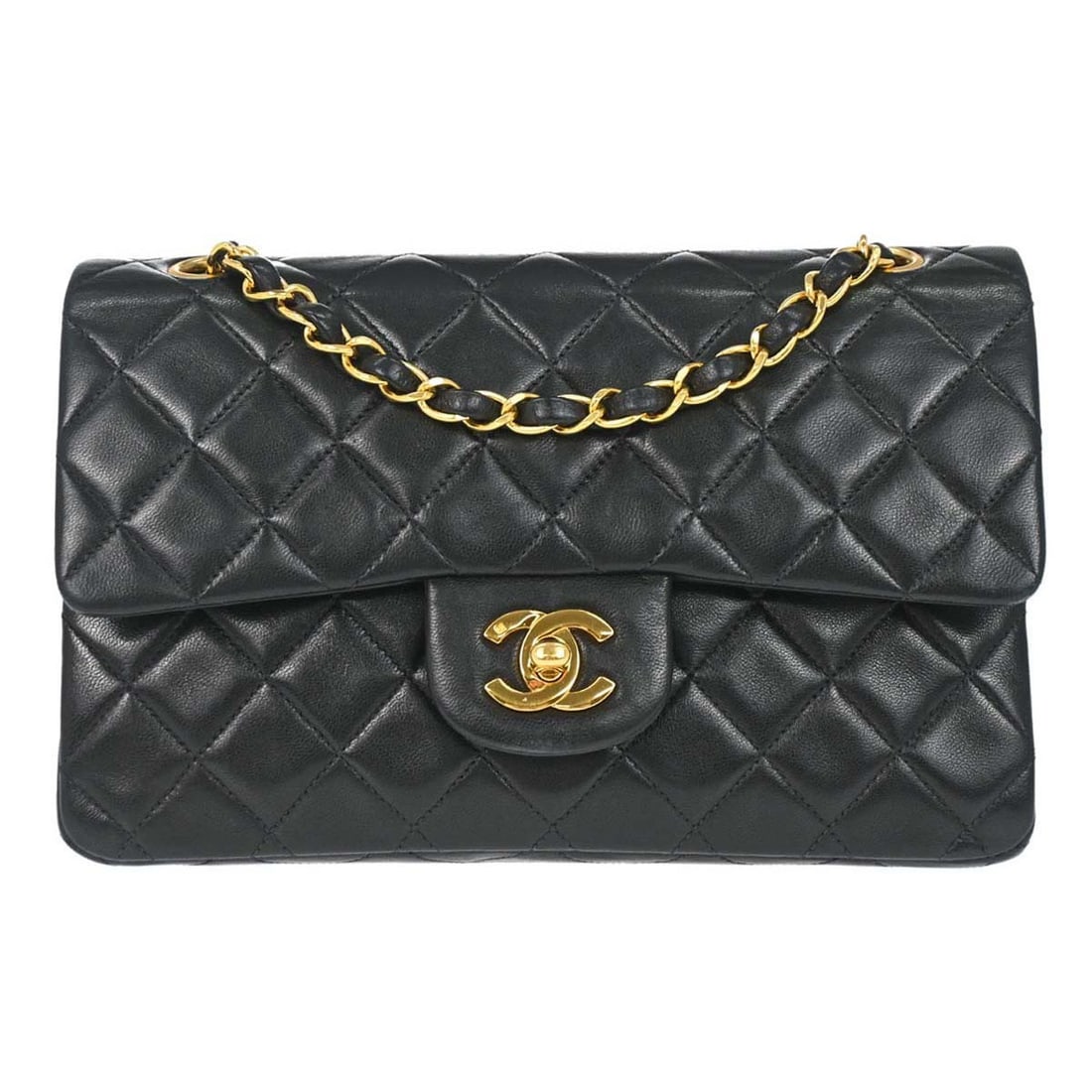 CHANEL Classic Double Flap Small Black Lambskin Shoulder Bag: CHANEL Classic Double Flap Small Black Lambskin Shoulder Bag Chanel Black Lambskin Small Classic Double Flap Shoulder Bag in black lambskin with a matelasse pattern and flap turnlock closure. This sma