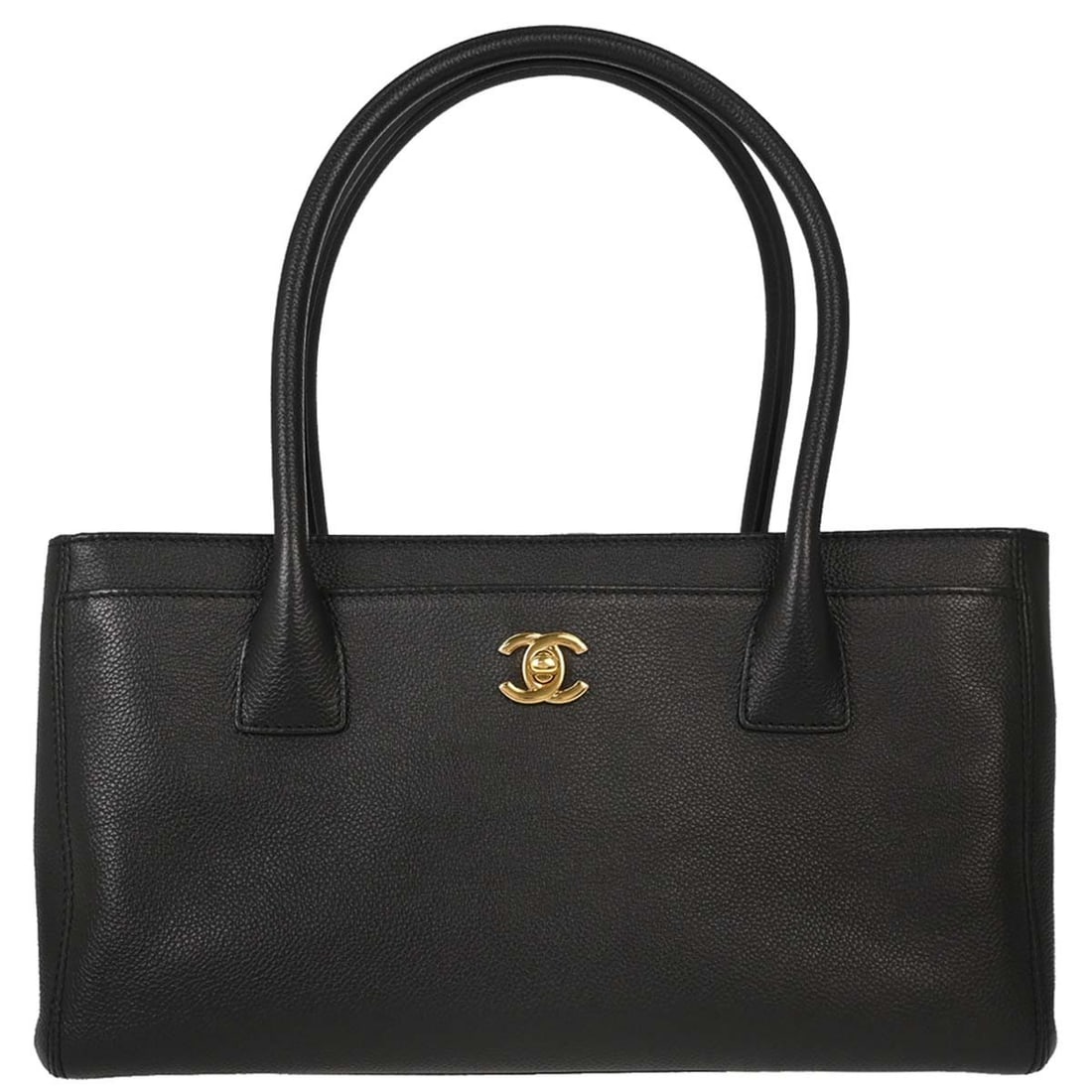 CHANEL Executive Cerf medium black calfskin tote with pouch: CHANEL Executive Cerf medium black calfskin tote with pouch Chanel Executive Cerf tote bag in black calfskin with double handles, canvas lining, logo accents, and multiple pockets. This medium tote is