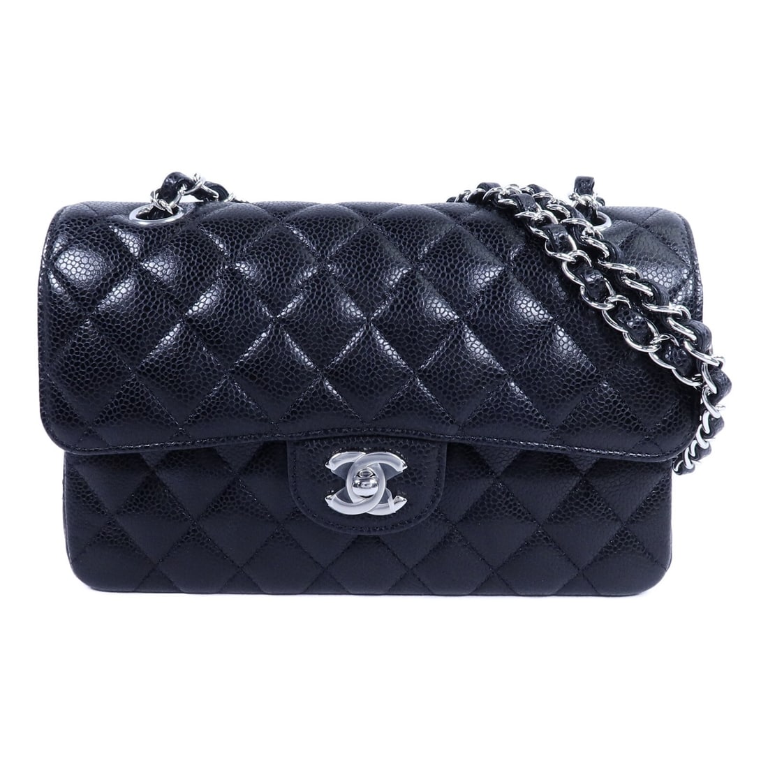 CHANEL A01113 Classic 23 Shoulder Bag Black Calfskin CC SHW: CHANEL A01113 Classic 23 Shoulder Bag Black Calfskin CC SHW Classic Chanel CC chain shoulder bag in black calfskin leather with silver-tone hardware and a turn-lock closure. This women's shoulder bag 