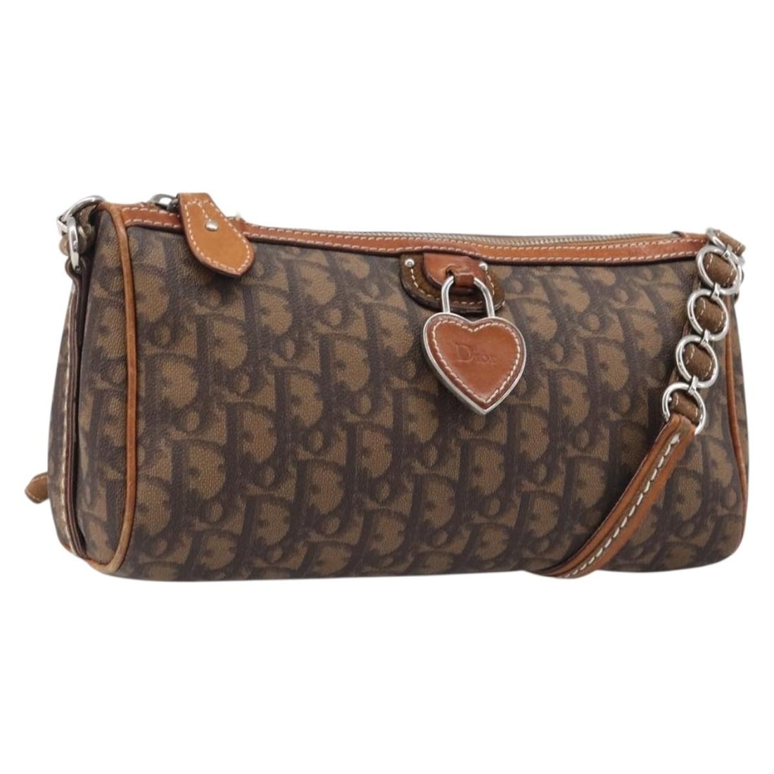 Christian Dior Trotter Shoulder Bag Brown PVC Leather Chain Strap: Christian Dior Trotter Shoulder Bag Brown PVC Leather Chain Strap Christian Dior Trotter Canvas Romantic Chain Bag in brown and silver, crafted from PVC leather and Trotter canvas. This women's should