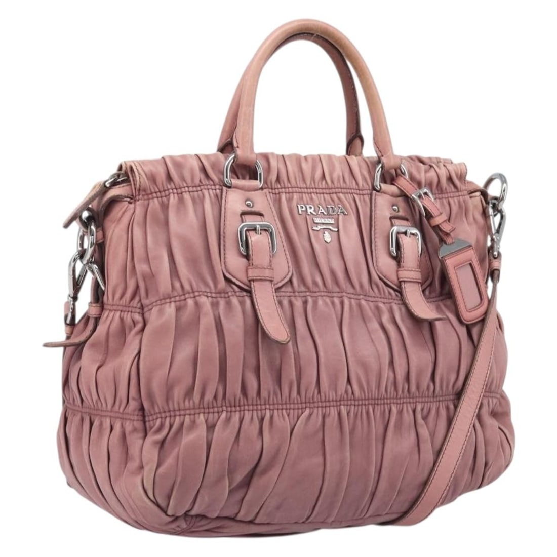 PRADA Leather 2way Handbag Pink Silver with Strap and Name Tag: PRADA Leather 2way Handbag Pink Silver with Strap and Name Tag Prada 2-way leather handbag in pink and silver, designed for women and made in Italy. This piece includes a name tag, shoulder strap, and