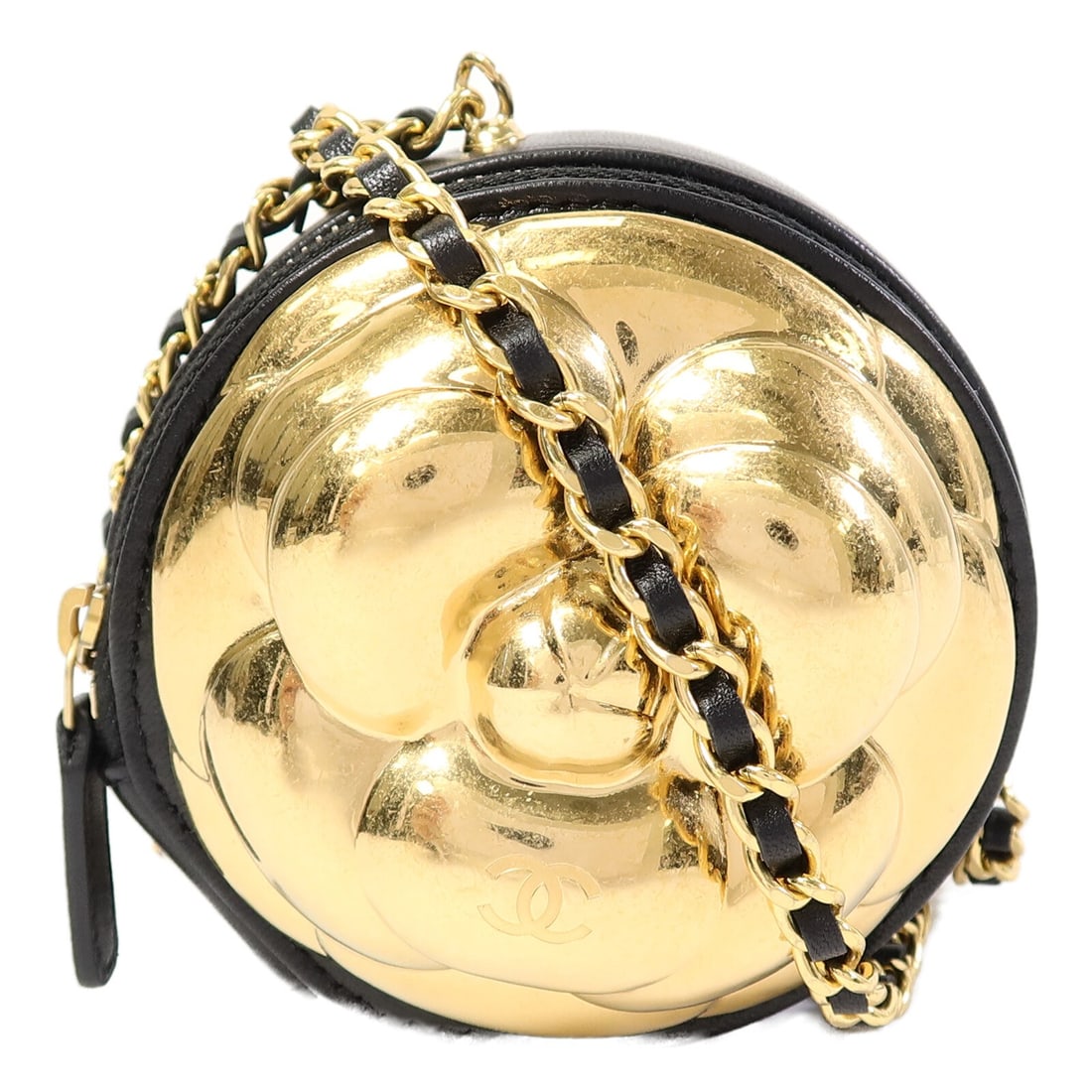 CHANEL Camellia CC Chain Shoulder Bag Black Lambskin Gold Hardware: CHANEL Camellia CC Chain Shoulder Bag Black Lambskin Gold Hardware A CHANEL shoulder bag in black lambskin (sheep leather) with a camellia design and gold-tone CC hardware. It is a women's regular-siz
