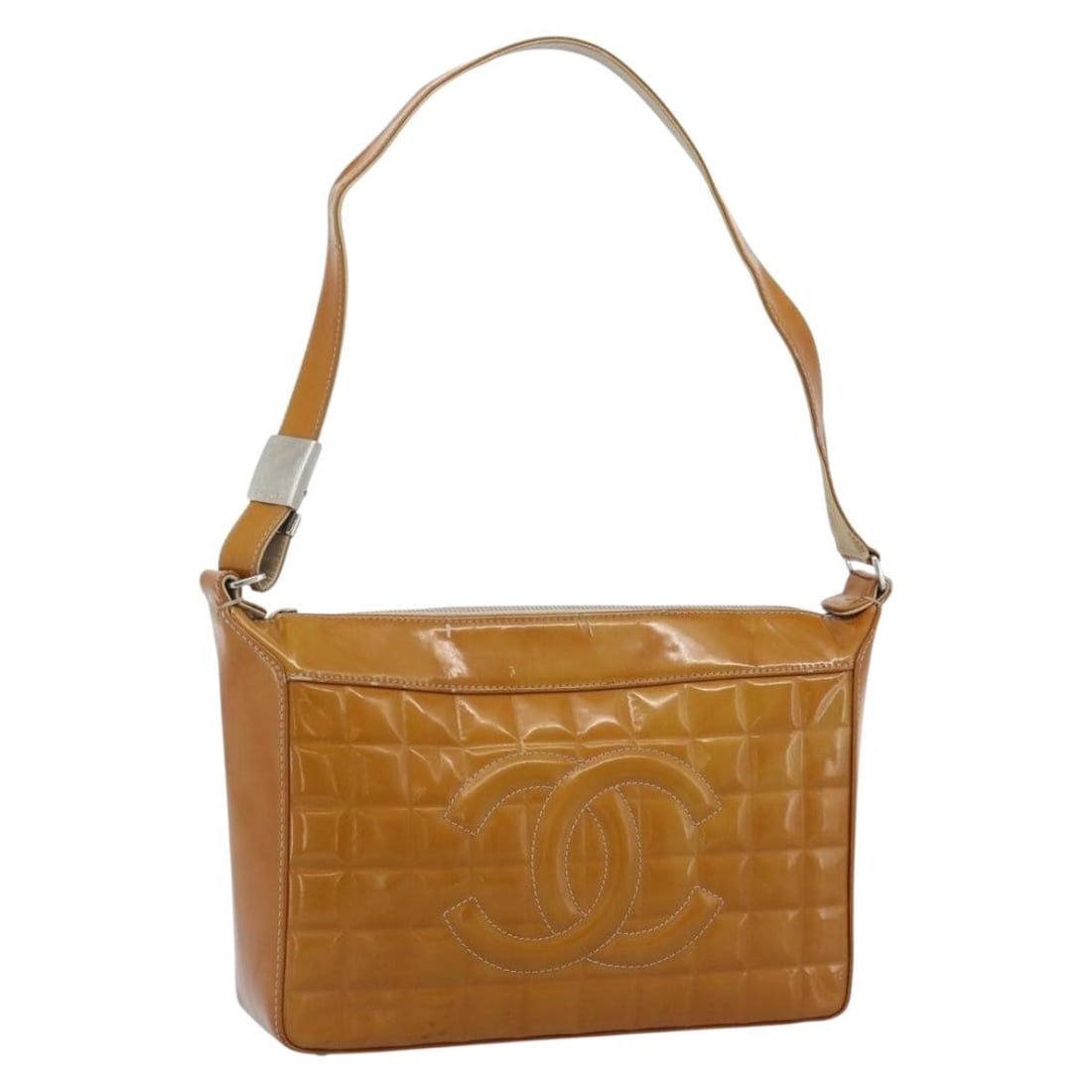 CHANEL Choco Bar Patent Leather Shoulder Bag Brown Silver CC: CHANEL Choco Bar Patent Leather Shoulder Bag Brown Silver CC Chanel Choco Bar Line shoulder bag in brown patent leather with silver-tone CC detailing. Made in Italy, this women's shoulder bag includes