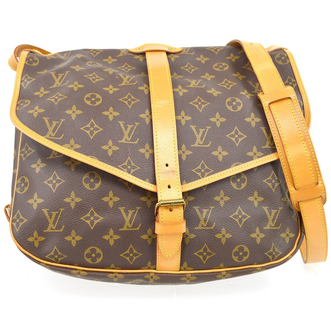 Louis Vuitton Saumur 35 Monogram Canvas Crossbody Shoulder Bag M42254: Louis Vuitton Saumur 35 Monogram Canvas Crossbody Shoulder Bag M42254 Vintage Louis Vuitton Saumur 35 shoulder bag in brown Monogram canvas with leather trim and a buckle closure. This medium unisex b