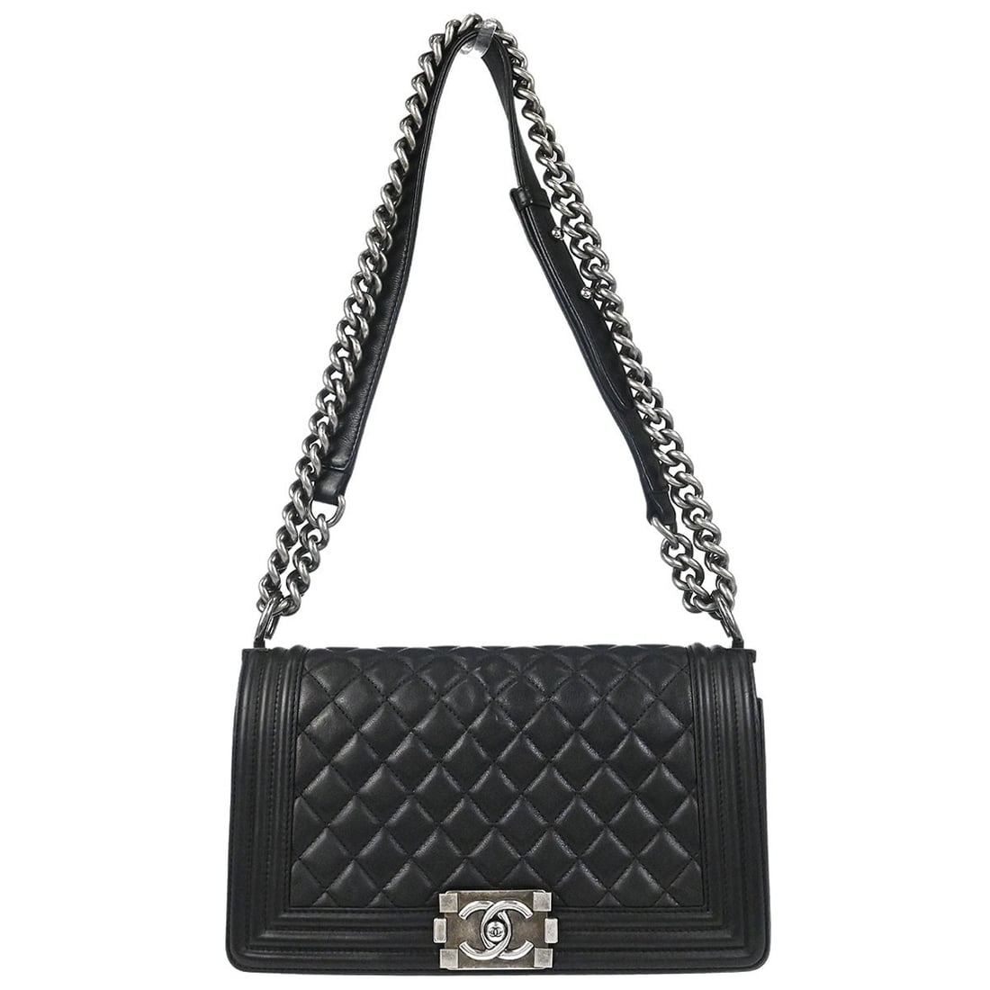 CHANEL Boy Medium Shoulder Bag Black Lambskin Chain Strap: CHANEL Boy Medium Shoulder Bag Black Lambskin Chain Strap Vintage Chanel Boy medium shoulder bag in black lambskin with a quilted exterior and push-lock closure. This women's shoulder bag features a c