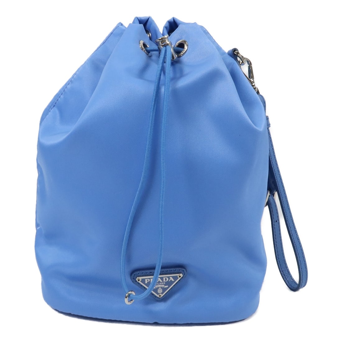 PRADA Re-Nylon Blue Pouch Clutch with SHW: PRADA Re-Nylon Blue Pouch Clutch with SHW Prada pouch clutch bag in blue Re-Nylon with silver-tone hardware. Made in Italy, this women's bag has a compact silhouette and comes with no accessories. Con