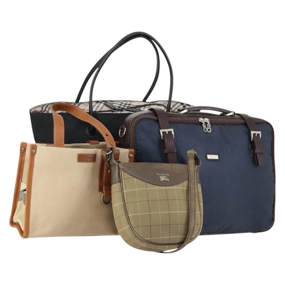Set of 4 Burberry Blue Black Label Nova Check Canvas Handbags Beige Navy: Set of 4 Burberry Blue Black Label Nova Check Canvas Handbags Beige Navy This is a Burberry Nova Check Blue Black Label handbag set crafted from canvas in beige, navy, and black tones. The set is desi