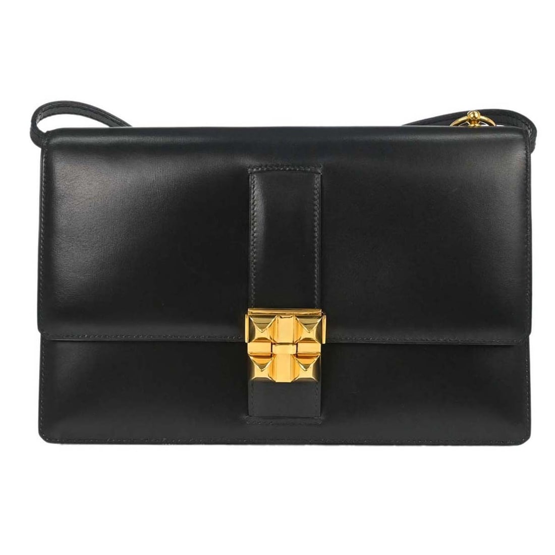 HERMES Medor black box calf leather shoulder bag with strap: HERMES Medor black box calf leather shoulder bag with strap Hermes Medor shoulder bag in black Box Calf leather. This women's bag features a shoulder strap and a structured silhouette with exterior an