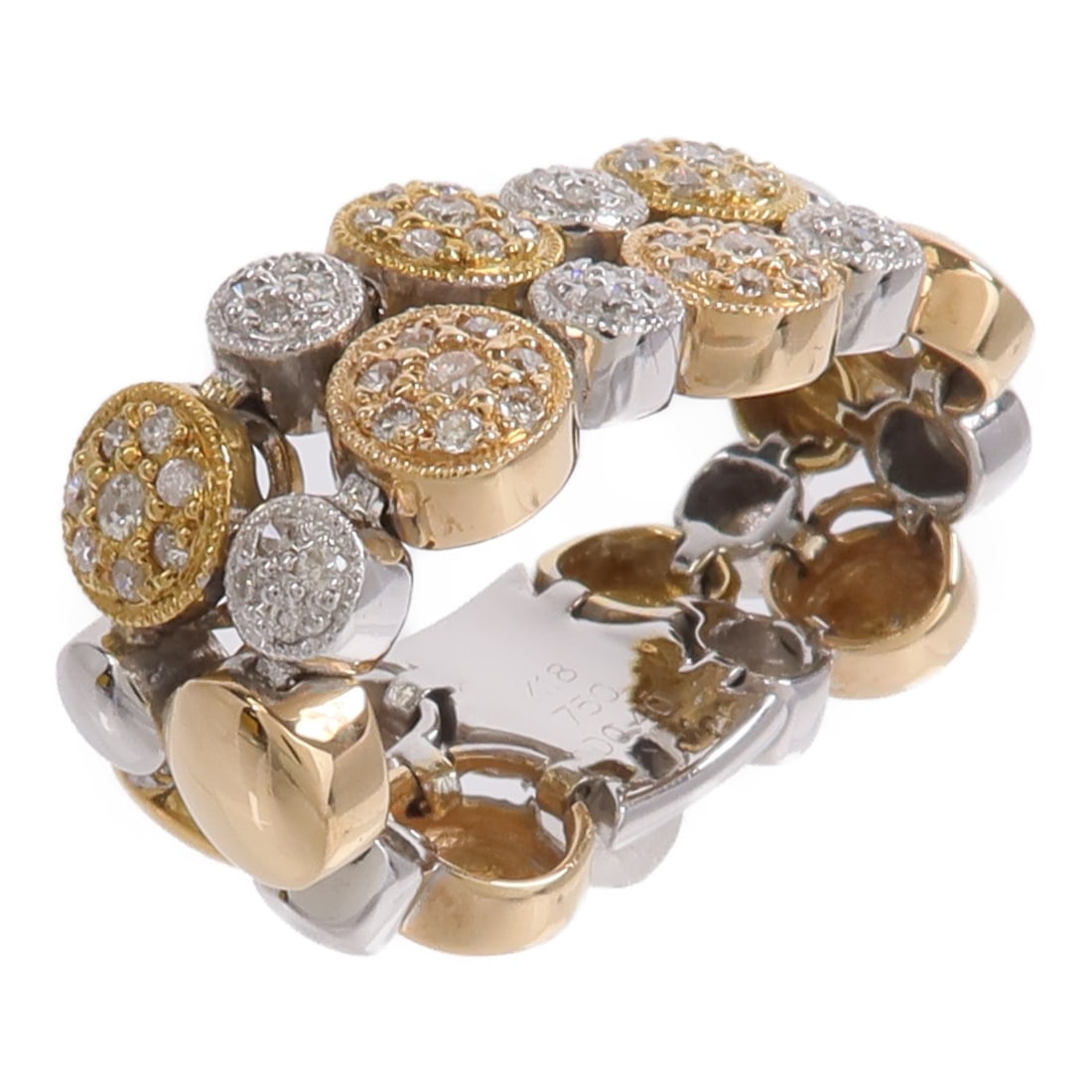 Diamond Ring in 18K Tri Color Gold Size 7.25: Diamond Ring in 18K Tri Color Gold Size 7.25 A women's ring featuring diamond accents and a tri-color gold design in 18K yellow gold, 18K white gold, and 18K pink gold. The ring is size 7.25 and has a