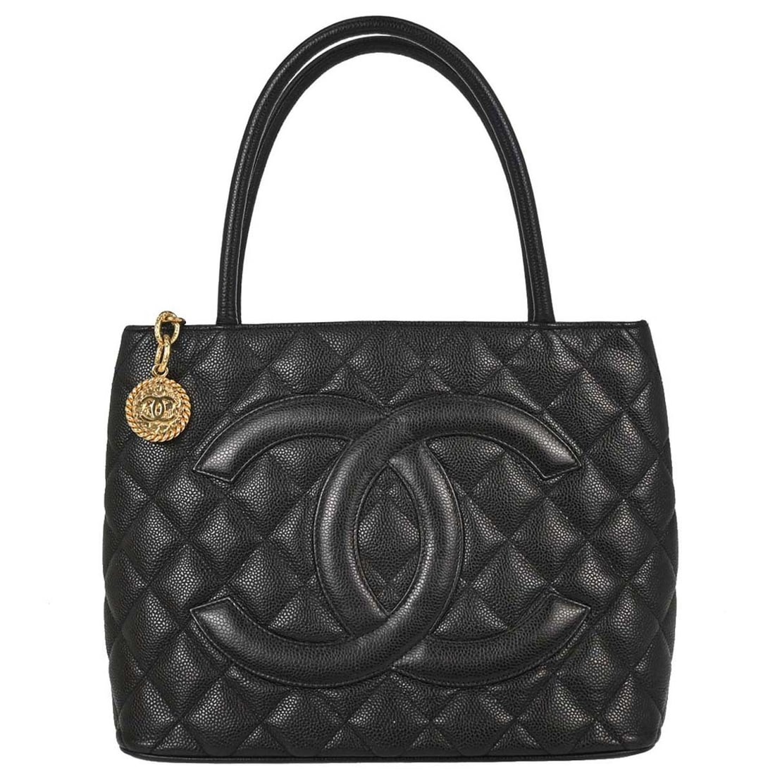 CHANEL Medallion Caviar Skin Leather Tote Bag Black: CHANEL Medallion Caviar Skin Leather Tote Bag Black Chanel Medallion tote handbag in black caviar skin leather with matelasse quilting, double handles, zip closure, leather lining, and interior and ex