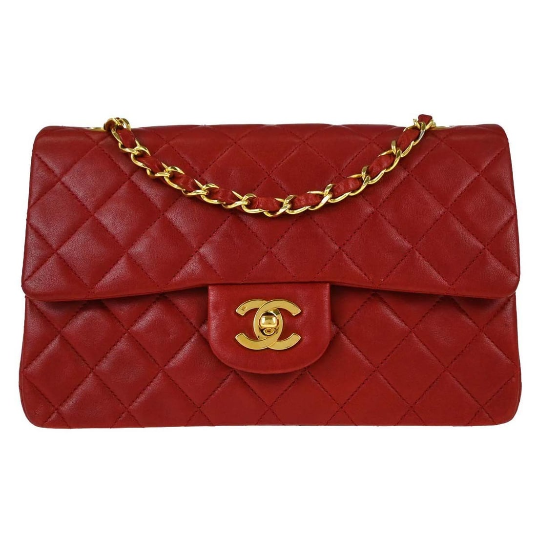 CHANEL Classic Double Flap Small Red Lambskin Shoulder Bag: CHANEL Classic Double Flap Small Red Lambskin Shoulder Bag Chanel Small Classic Double Flap shoulder bag in red lambskin with matelasse quilting, a flap turn-lock closure, and chain shoulder strap. Th