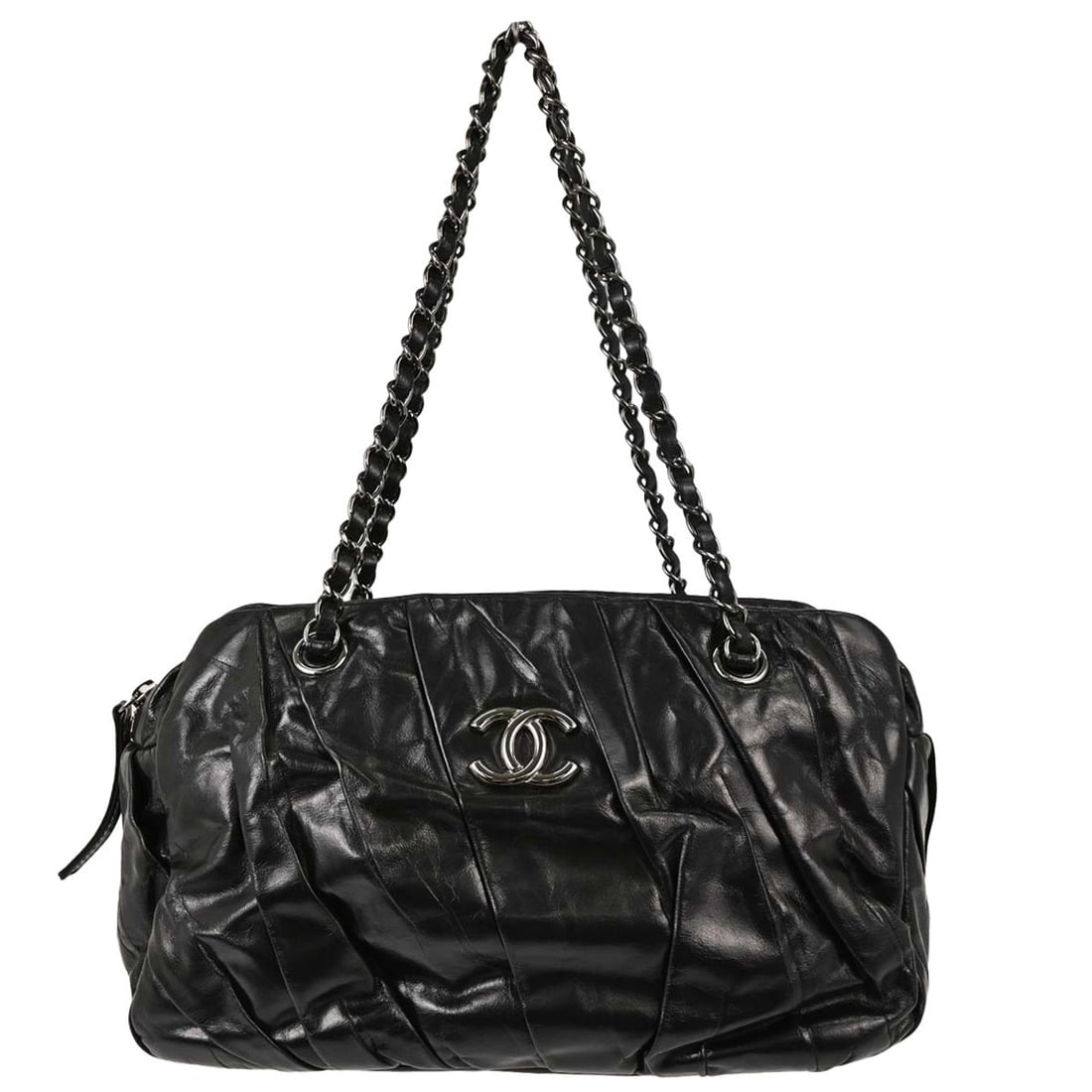 CHANEL Twisted Tote Black Matelasse Calfskin Handbag: CHANEL Twisted Tote Black Matelasse Calfskin Handbag Chanel twisted tote handbag in black calfskin leather with a quilted matelasse design, double handles, silver-tone hardware, and canvas lining. The