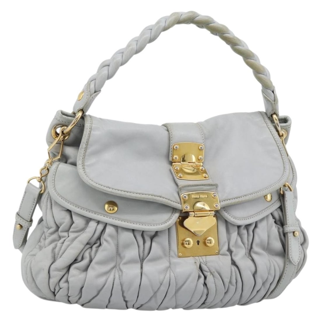 Miu Miu 2way Leather Handbag with Shoulder Strap Light Blue Gold: Miu Miu 2way Leather Handbag with Shoulder Strap Light Blue Gold Miu Miu matelasse 2-way handbag in light blue leather with gold-tone accents. This women's bag includes a shoulder strap and can be car
