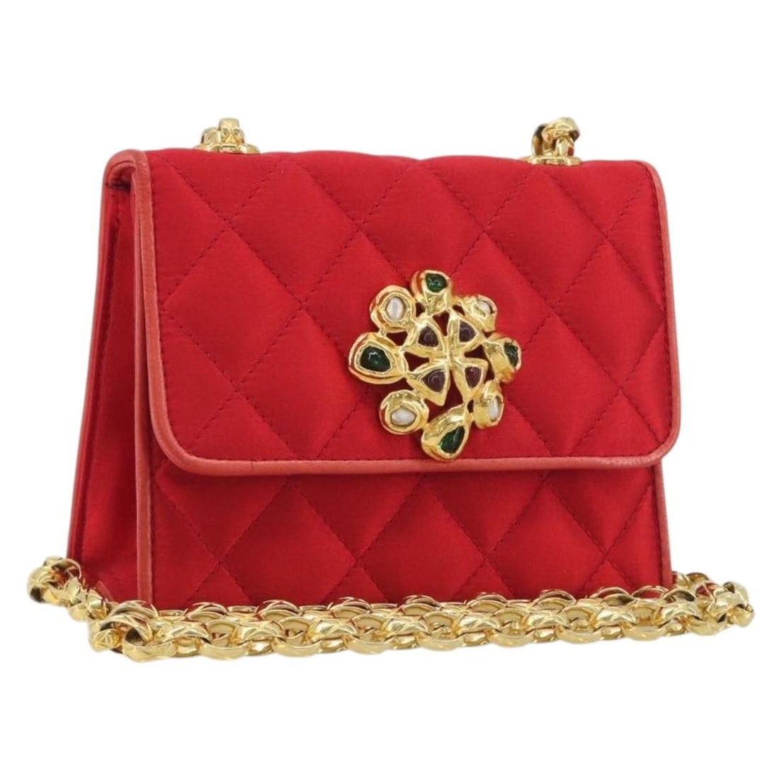 CHANEL Gribois Matelasse Satin Shoulder Bag Red Gold CC: CHANEL Gribois Matelasse Satin Shoulder Bag Red Gold CC Chanel Matelasse chain shoulder bag in red satin with gold-tone CC detailing. This women's shoulder bag includes a guarantee card and was made i
