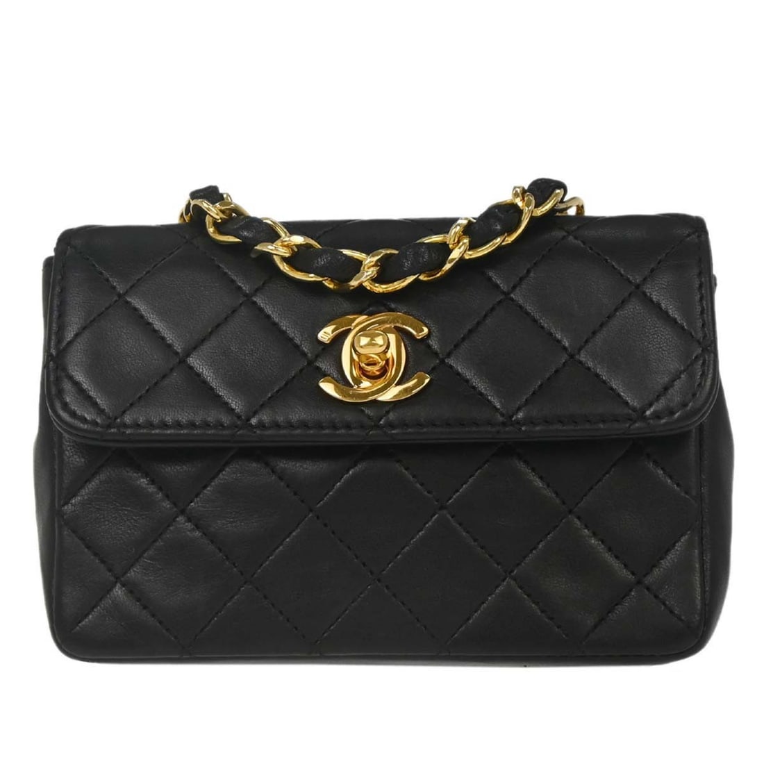 CHANEL Straight Flap Small Black Lambskin Chain Shoulder Bag: CHANEL Straight Flap Small Black Lambskin Chain Shoulder Bag Small Chanel Straight Flap shoulder bag in black lambskin leather with a turn-lock closure and chain shoulder strap. The bag features a bla