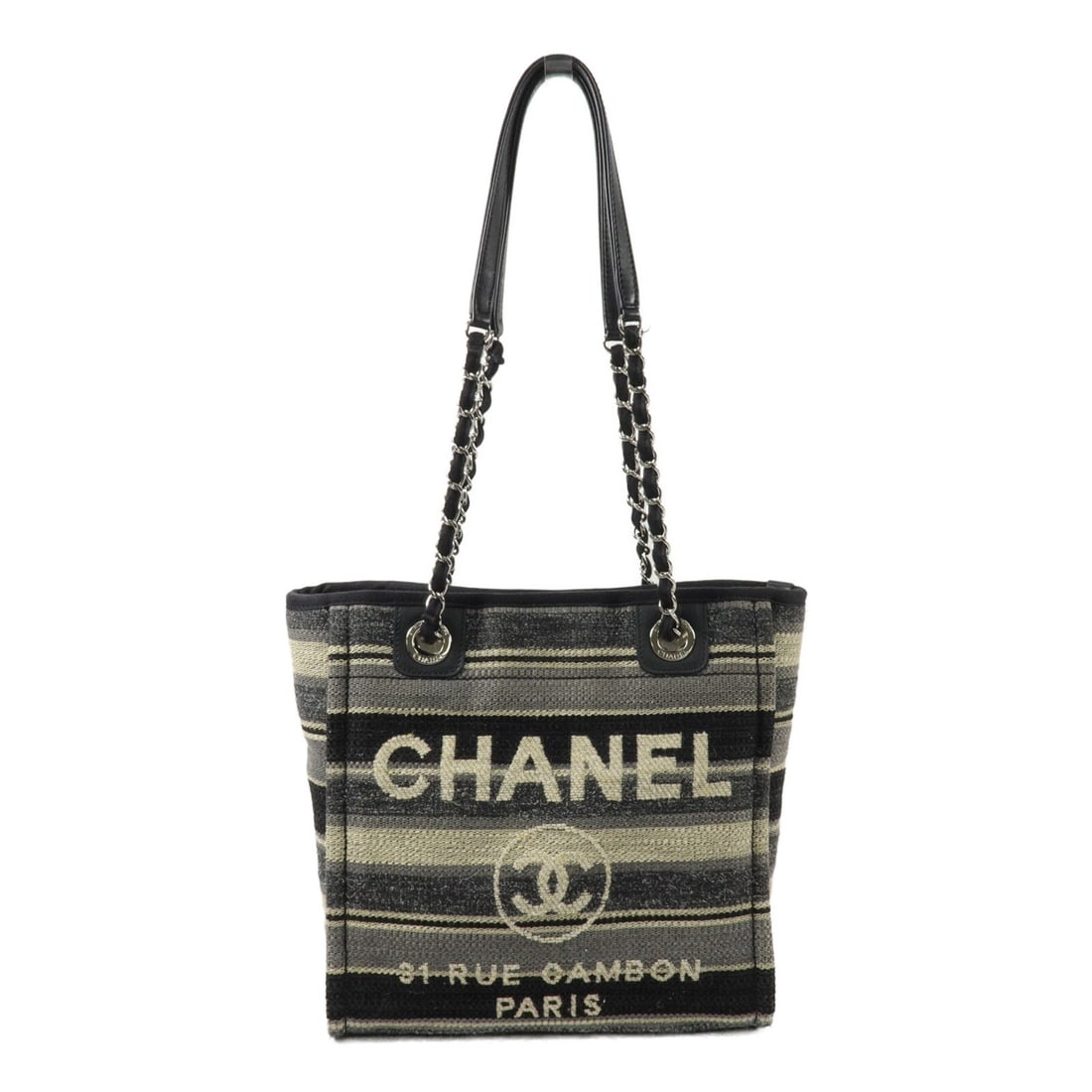 CHANEL Deauville Small Canvas Shoulder Tote Black SHW: CHANEL Deauville Small Canvas Shoulder Tote Black SHW Chanel Deauville small tote shoulder bag in black canvas with chain shoulder straps and CC detailing. Designed with a magnetic pocket and an inter