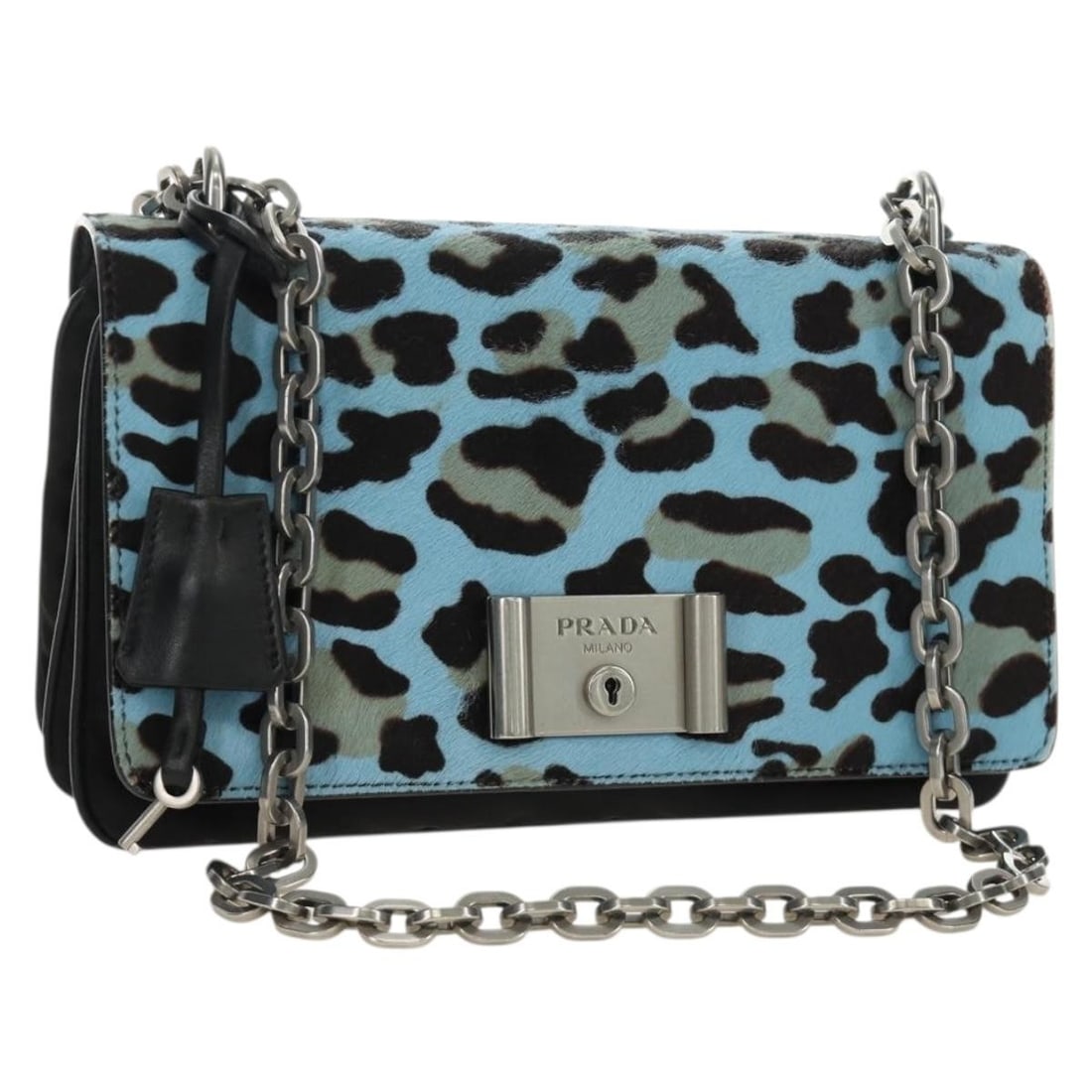 PRADA Unborn Calf Skin Shoulder Bag Light Blue Silver Dust Bag: PRADA Unborn Calf Skin Shoulder Bag Light Blue Silver Dust Bag Prada chain shoulder bag in light blue unborn calf skin with silver-tone accents. Made in Italy, this women's bag includes a dust bag and