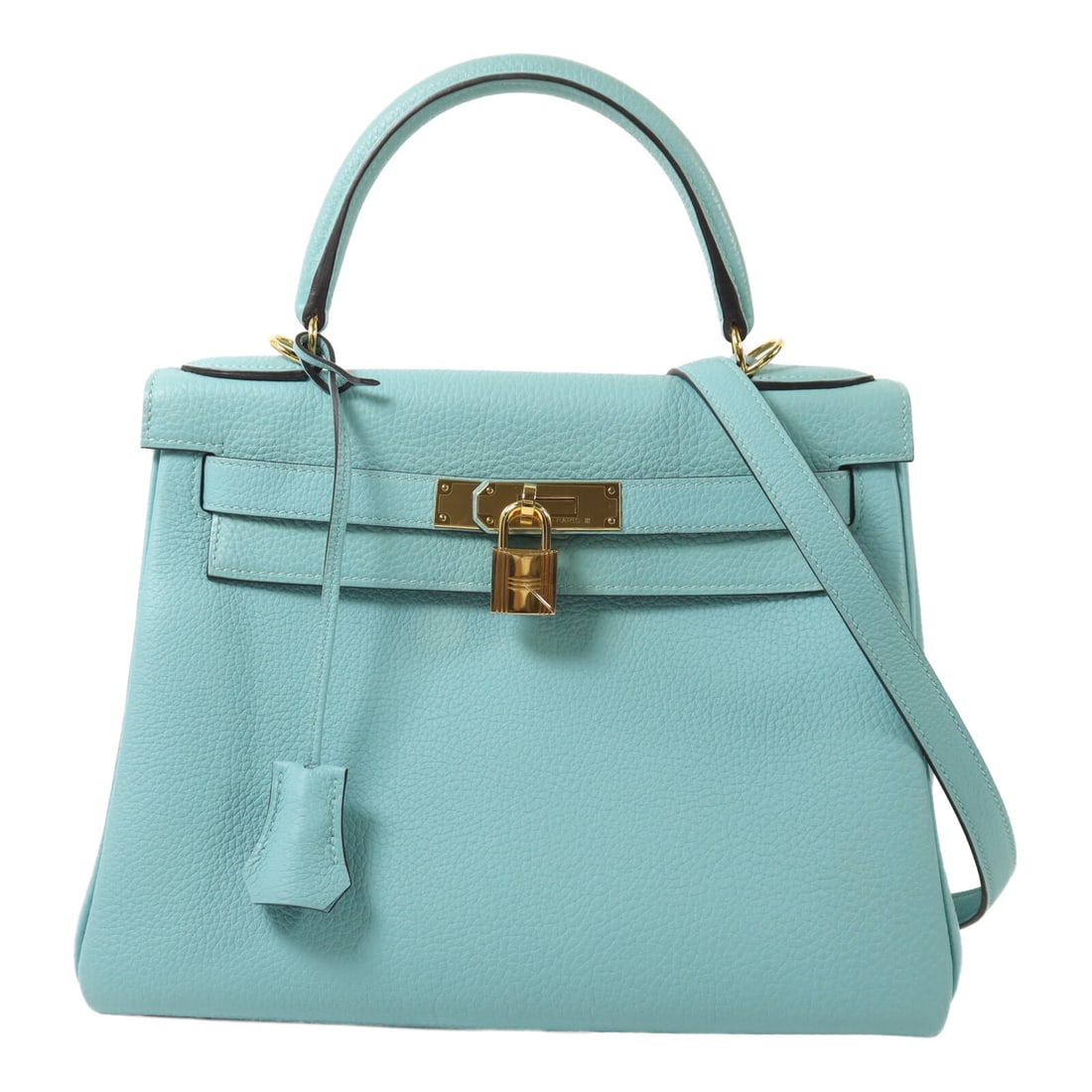 Hermes Kelly 28 Togo Leather Shoulder Bag Bleu Atoll GHW: Hermes Kelly 28 Togo Leather Shoulder Bag Bleu Atoll GHW A Hermes Kelly 28 2 Way Shoulder Bag in Bleu Atoll, crafted from Togo leather with calfskin (cowhide) accents. This model features gold hardwar