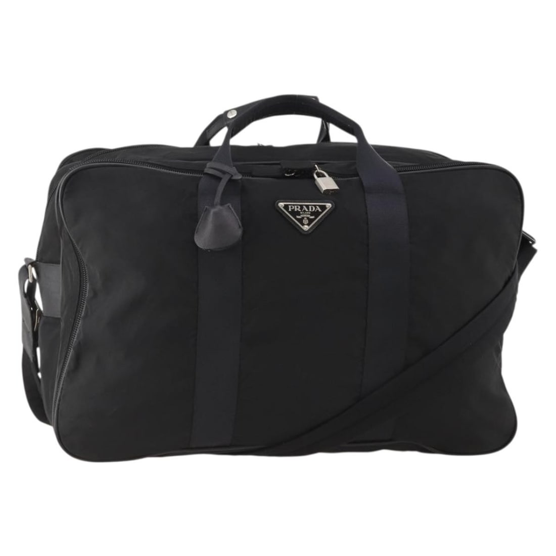 PRADA 2way Nylon Boston Bag Black Silver with Strap Padlock: PRADA 2way Nylon Boston Bag Black Silver with Strap Padlock Prada 2-way Boston bag in black nylon with silver-tone accents. Made in Italy, this women's bag includes a shoulder strap, clochette, two ke