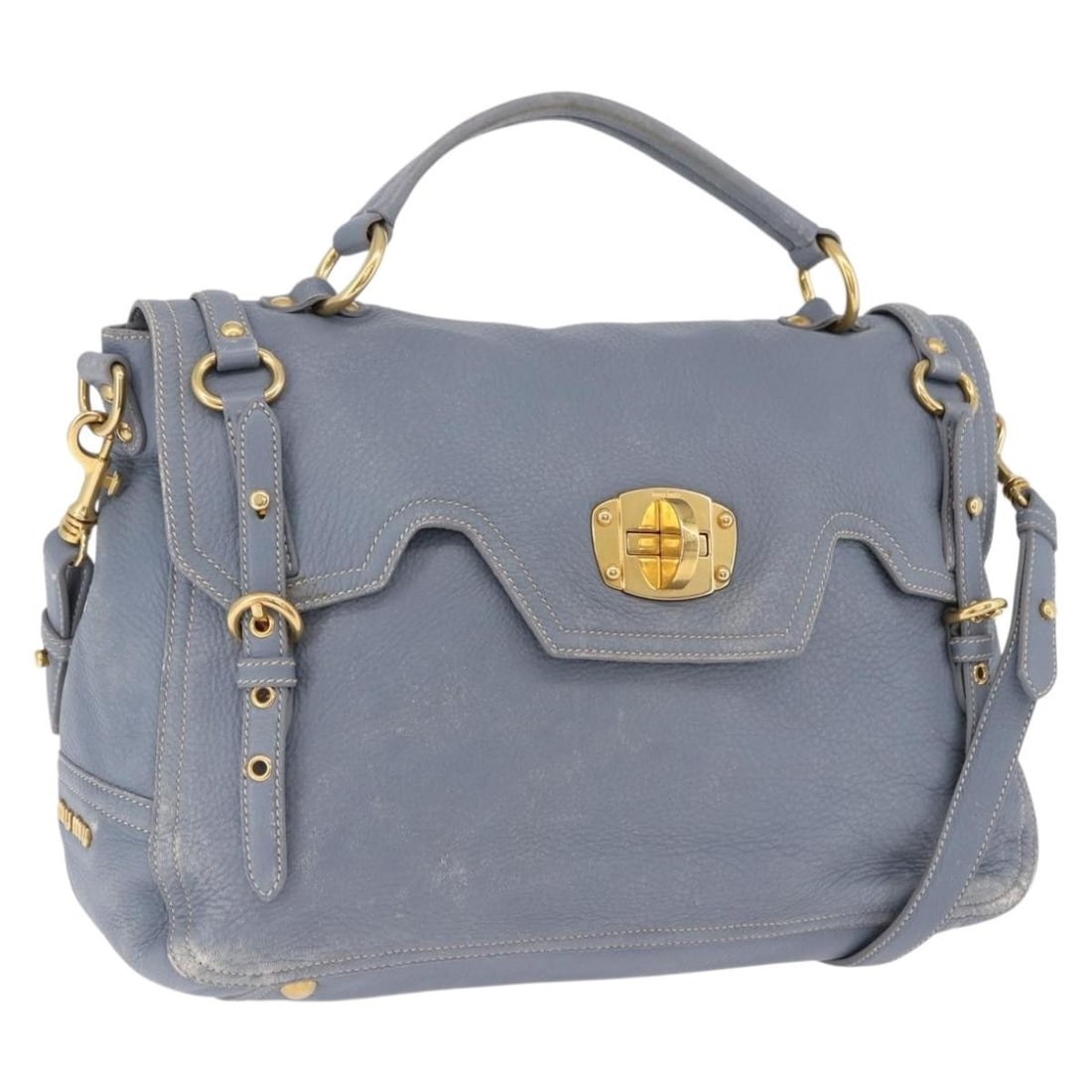 Miu Miu 2way Leather Hand Bag Light Blue with Shoulder Strap: Miu Miu 2way Leather Hand Bag Light Blue with Shoulder Strap Miu Miu 2-way handbag in light blue leather with gold-tone accents. This women's bag includes a shoulder strap and can be carried by hand o
