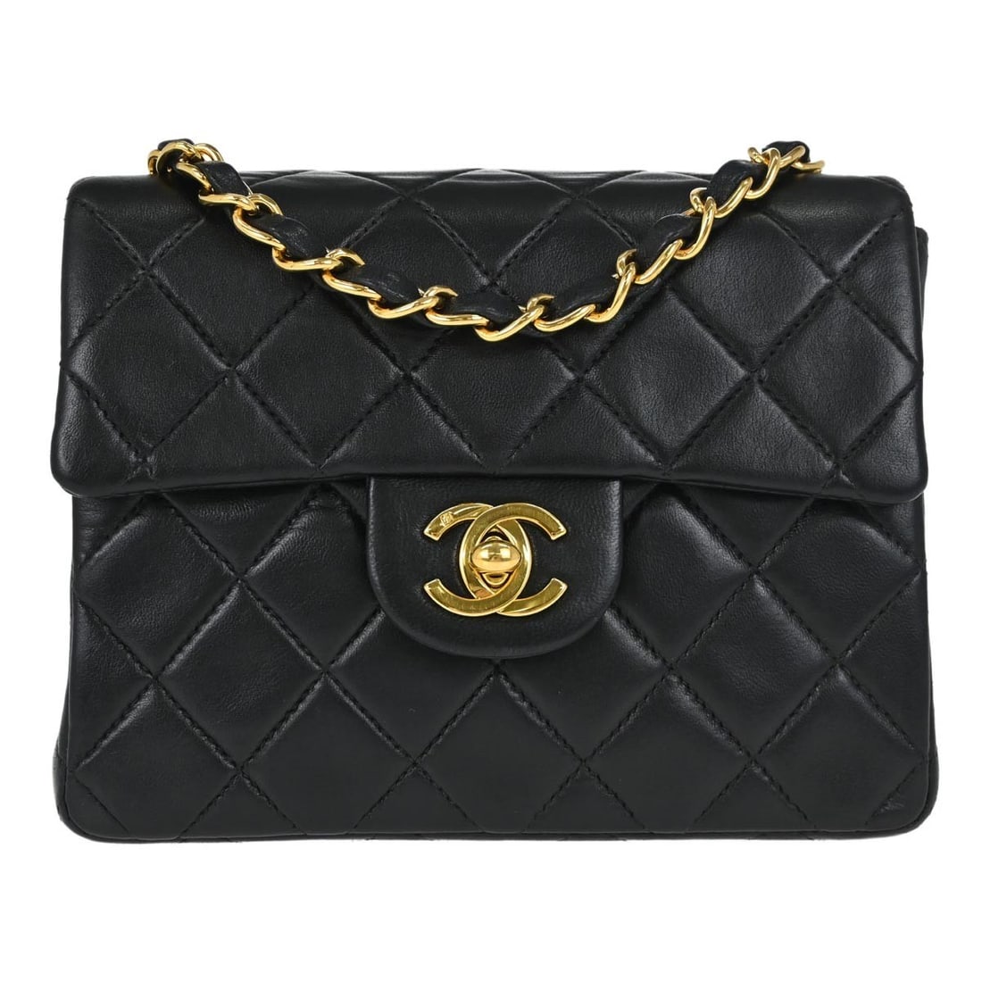 CHANEL Classic Flap Mini Square Lambskin Shoulder Bag Black: CHANEL Classic Flap Mini Square Lambskin Shoulder Bag Black Chanel Mini Classic Square Flap shoulder bag in black lambskin leather with a matelasse quilted finish and flap turnlock closure. This small