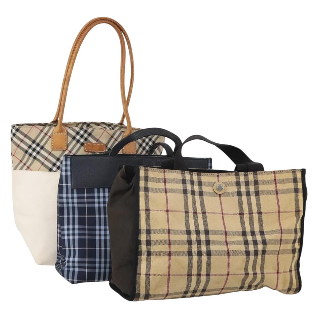 3 Piece Burberry Nova Check Canvas Handbag Set Beige Blue: 3 Piece Burberry Nova Check Canvas Handbag Set Beige Blue Set of 3 Burberry Nova Check handbags in beige and blue canvas for women. This bundle includes only the items shown in the photos; item box an
