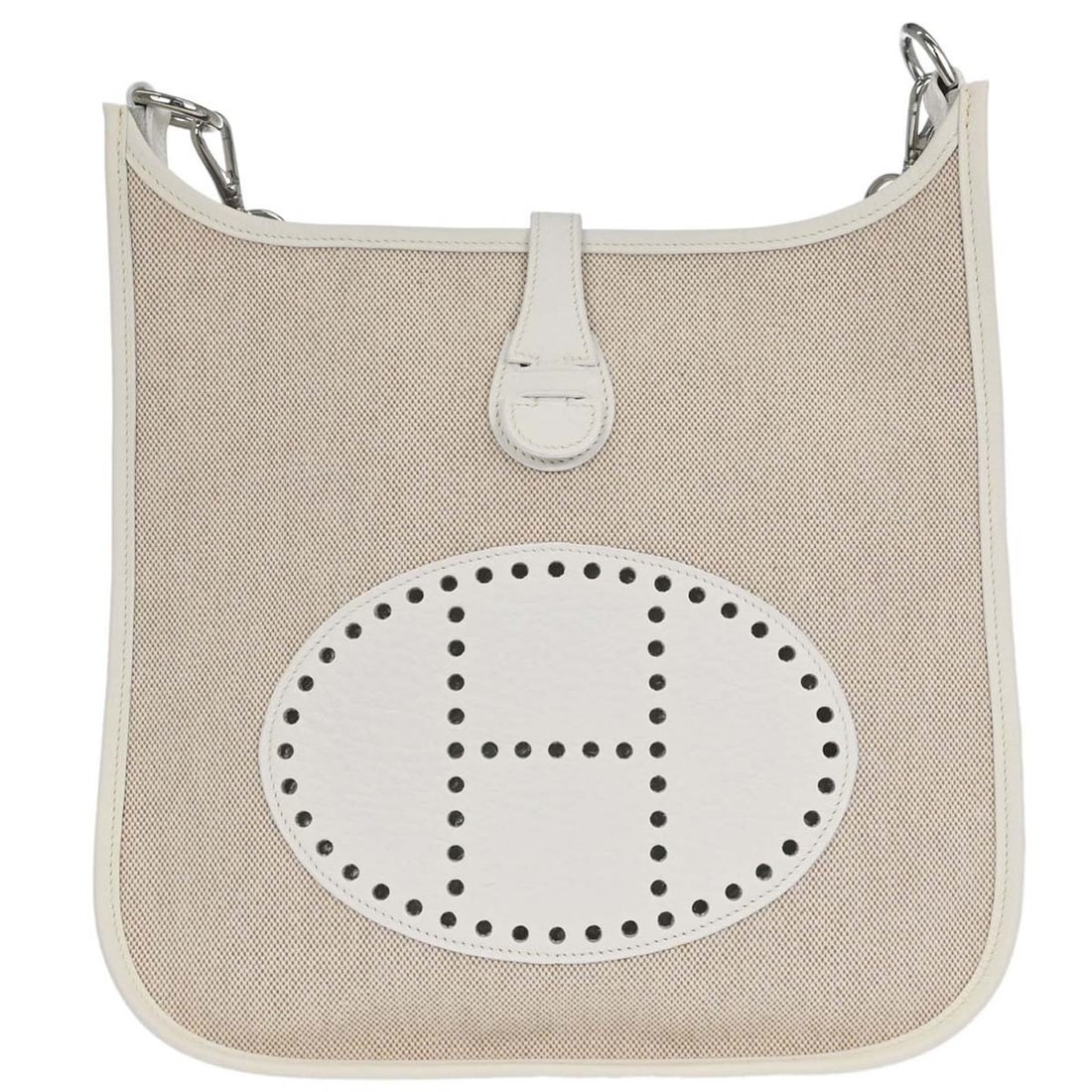 Hermes Evelyne 29 PM White Taurillon Clemence Shoulder Bag: Hermes Evelyne 29 PM White Taurillon Clemence Shoulder Bag Hermes Evelyne 1 29 PM shoulder bag in white Taurillon Clemence with Toile H and a leather lining. This medium shoulder bag features a snap c