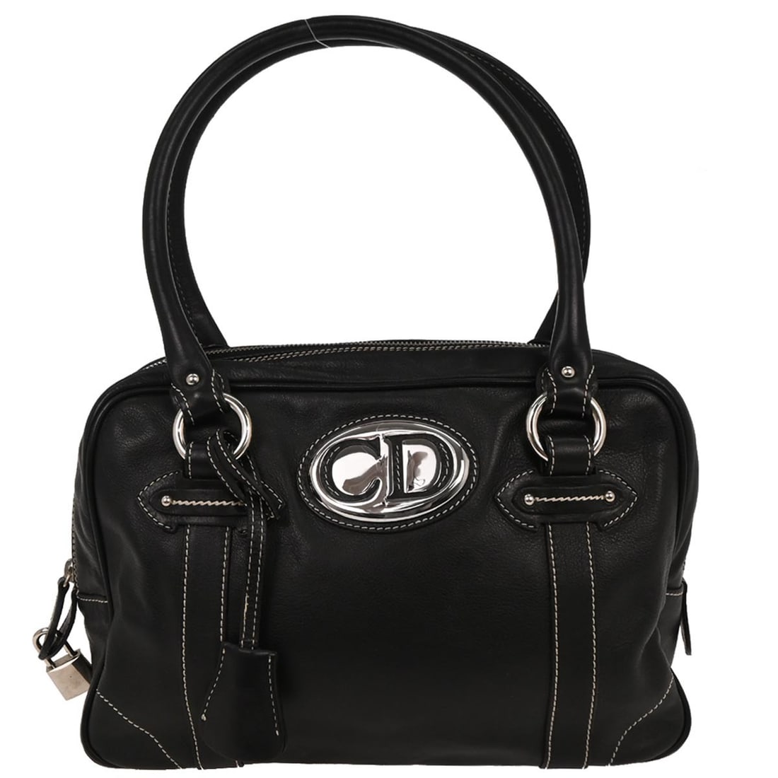 Dior CD Logo Plate Leather Top Handle Bag Black 05-BO-0056: Dior CD Logo Plate Leather Top Handle Bag Black 05-BO-0056 Christian Dior black top handle handbag with a CD logos plate design and zip closure. Crafted in leather and made in Italy, this medium-sized
