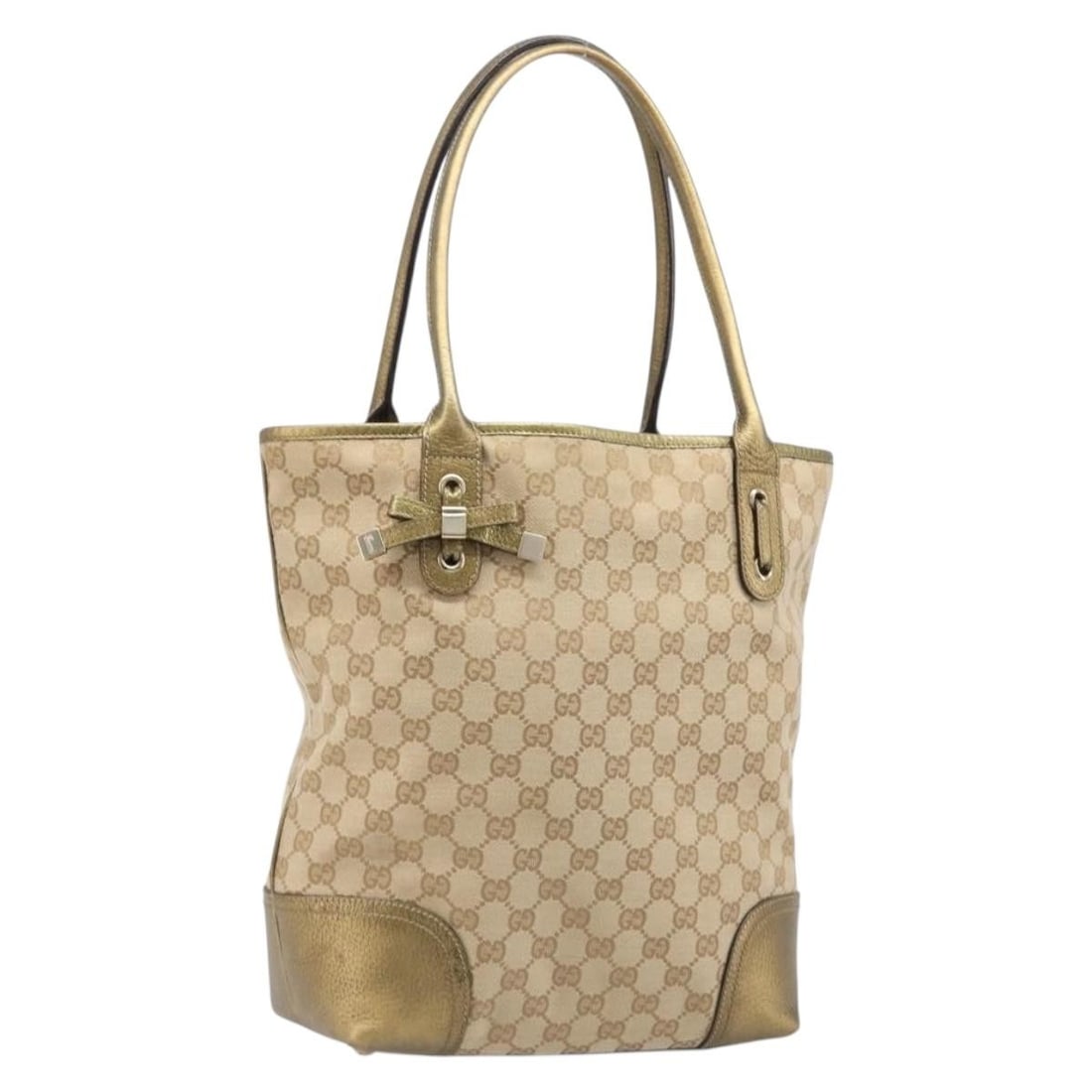 Gucci 181779 GG Canvas Tote Handbag Beige Gold: Gucci 181779 GG Canvas Tote Handbag Beige Gold Gucci tote bag in beige and gold GG canvas, made in Italy. This women's bag includes the item only; item box and dust bag are not included. Condition is 