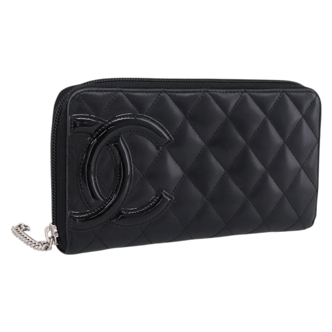 CHANEL Cambon Line black leather long wallet silver CC: CHANEL Cambon Line black leather long wallet silver CC CHANEL Cambon Line Matelasse long wallet in black leather with silver-tone CC detailing. Made in Spain, this women's wallet shows heavy use with 